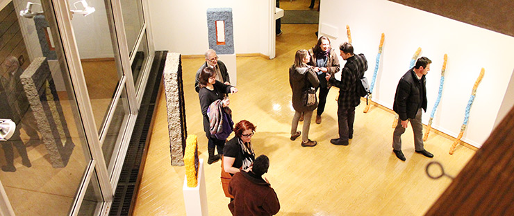Looking down into the first floor of the Hilles Gallery